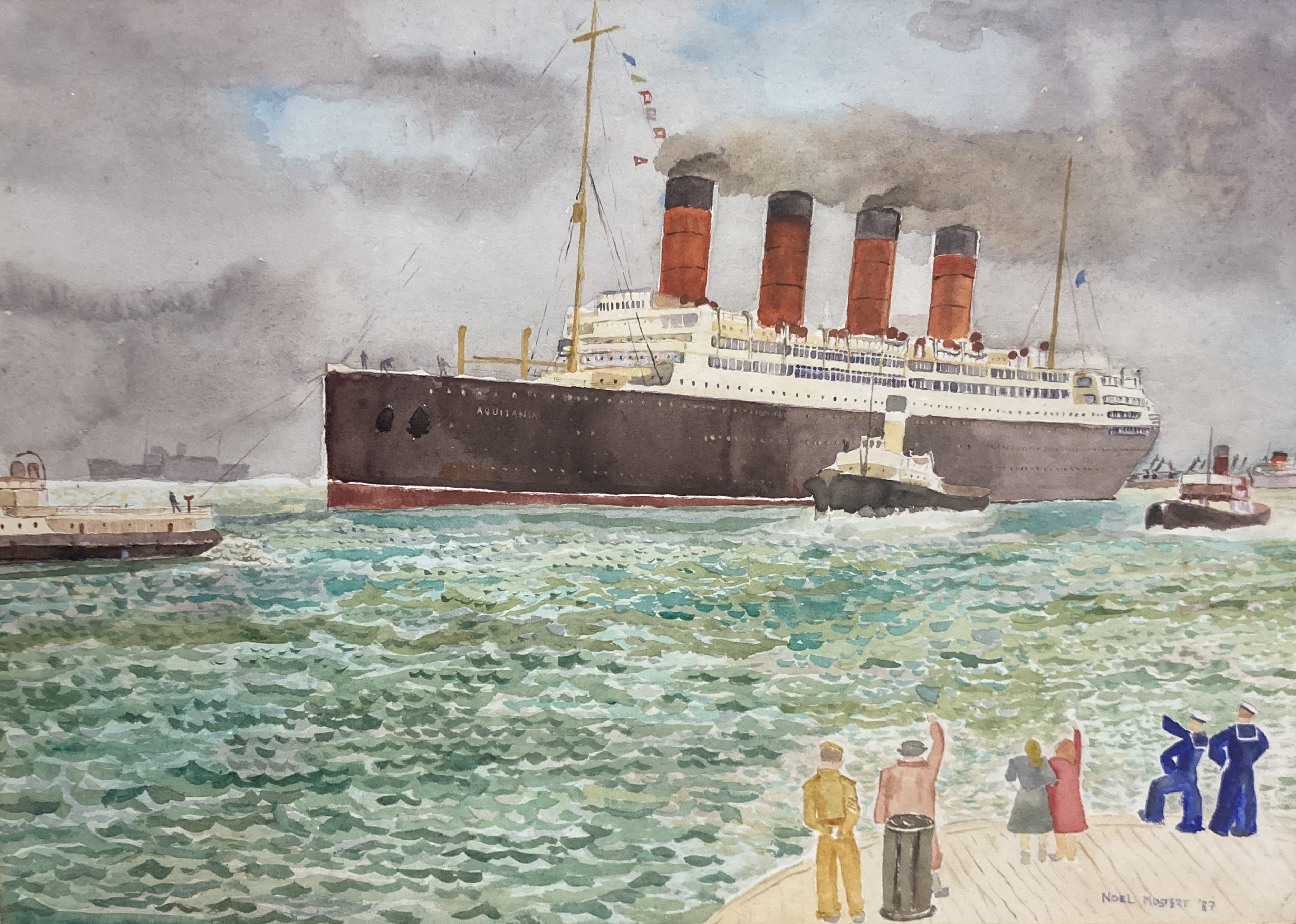 Noel Mostert, watercolour, Aquitania coming into harbour, signed and dated '87